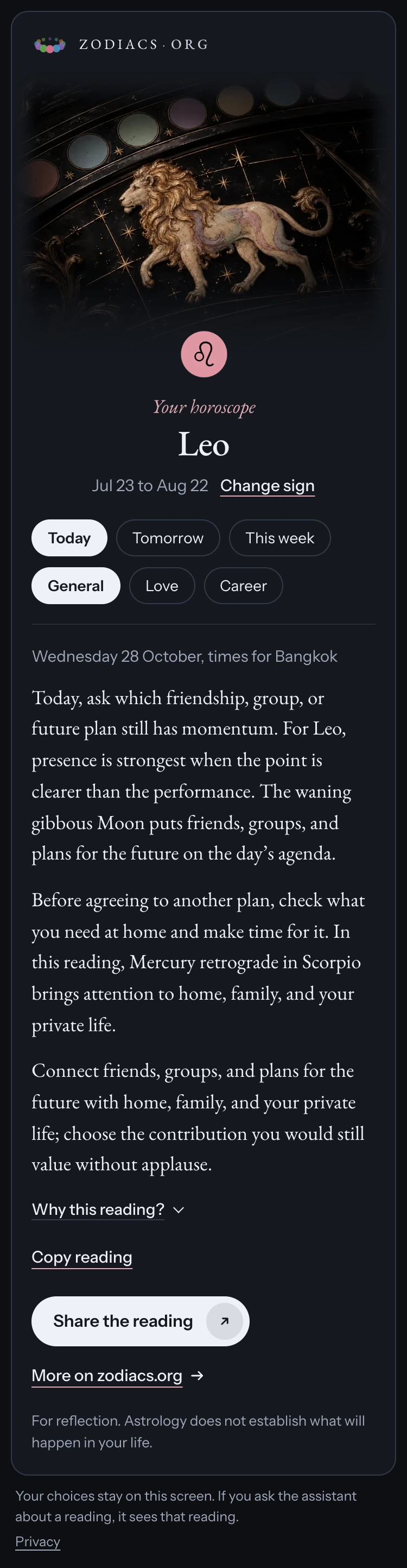 A dated Leo horoscope card with the sign artwork, day and focus controls, and its published reading.