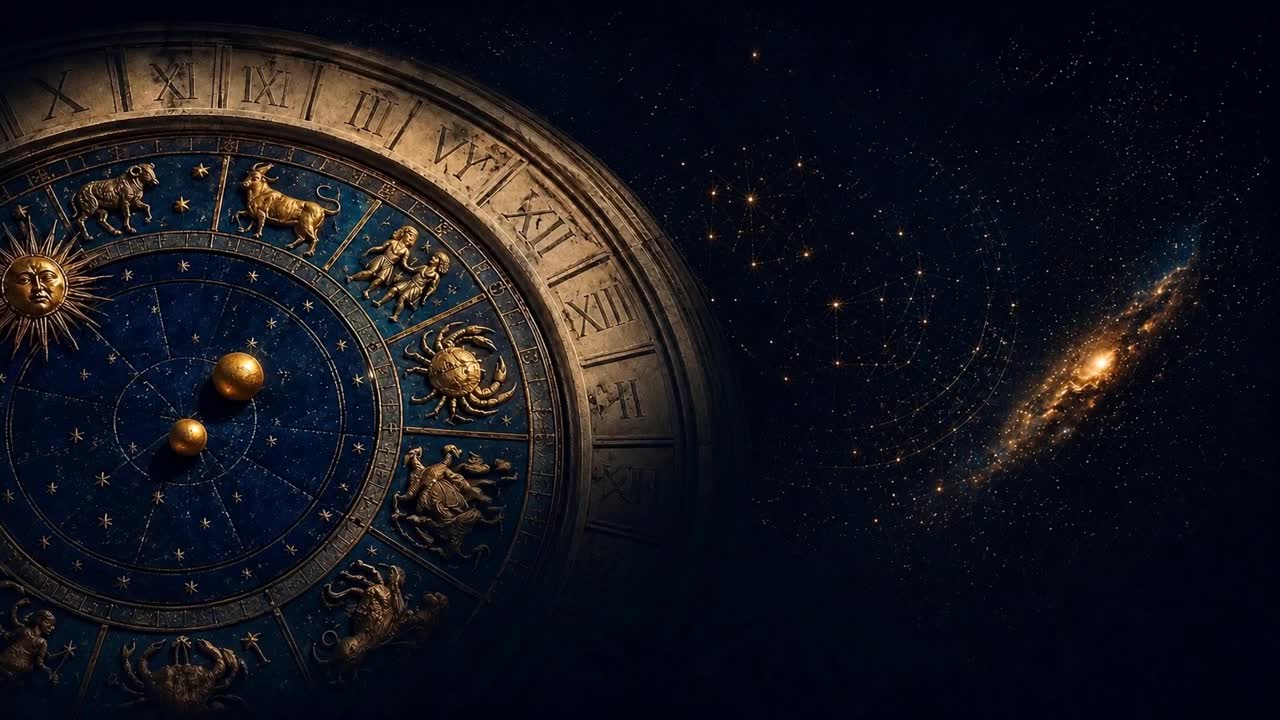 Astronomical clock encircled by the twelve zodiac signs