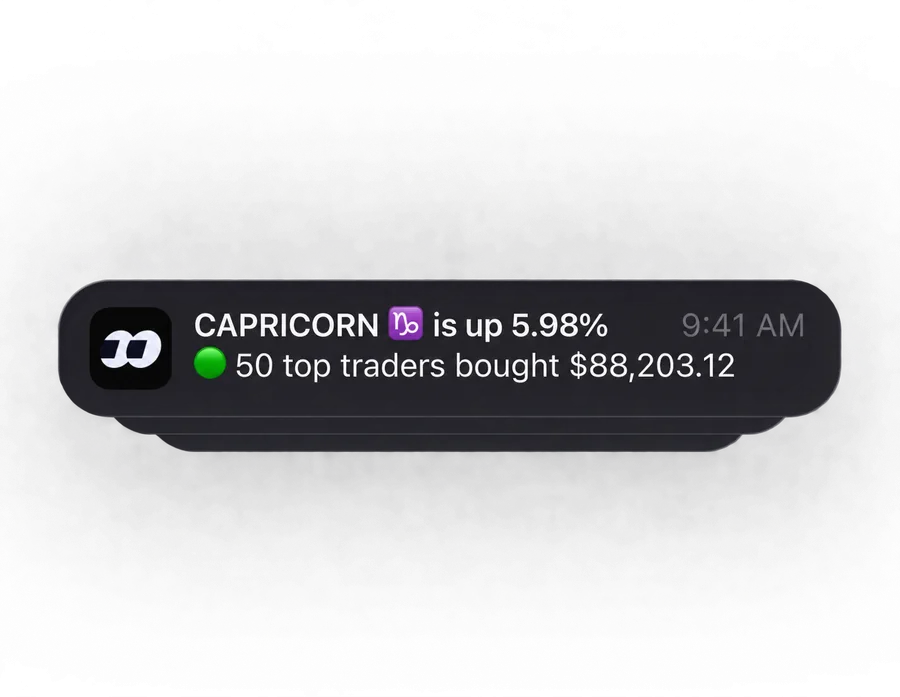 A Fomo notification: Capricorn is up 5.98 percent, and 50 top traders bought $88,203.12.