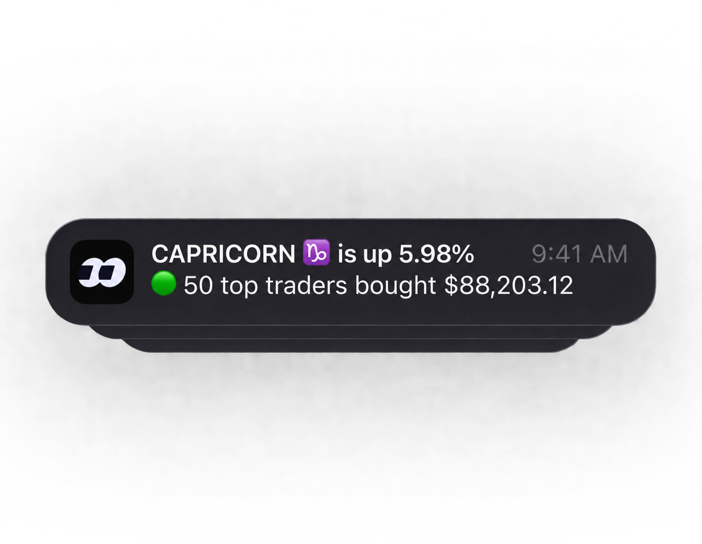 A Fomo notification: Capricorn is up 5.98 percent. 50 top traders bought $88,203.12.