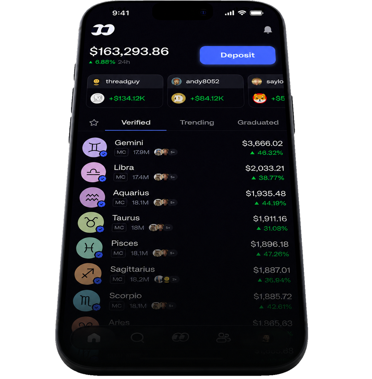 A phone showing Fomo’s Verified list with the Zodiacs, each marked with a blue check.