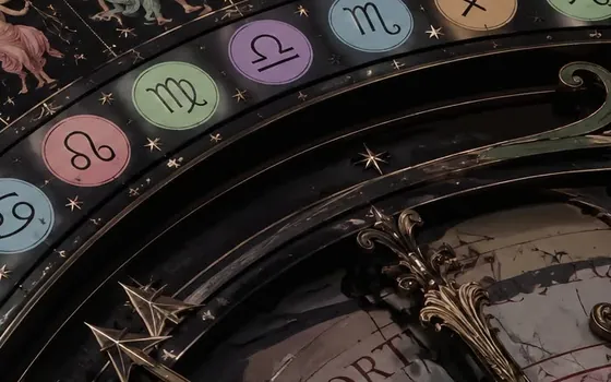 Ring of pastel zodiac sign discs above the brass hand of an astronomical clock