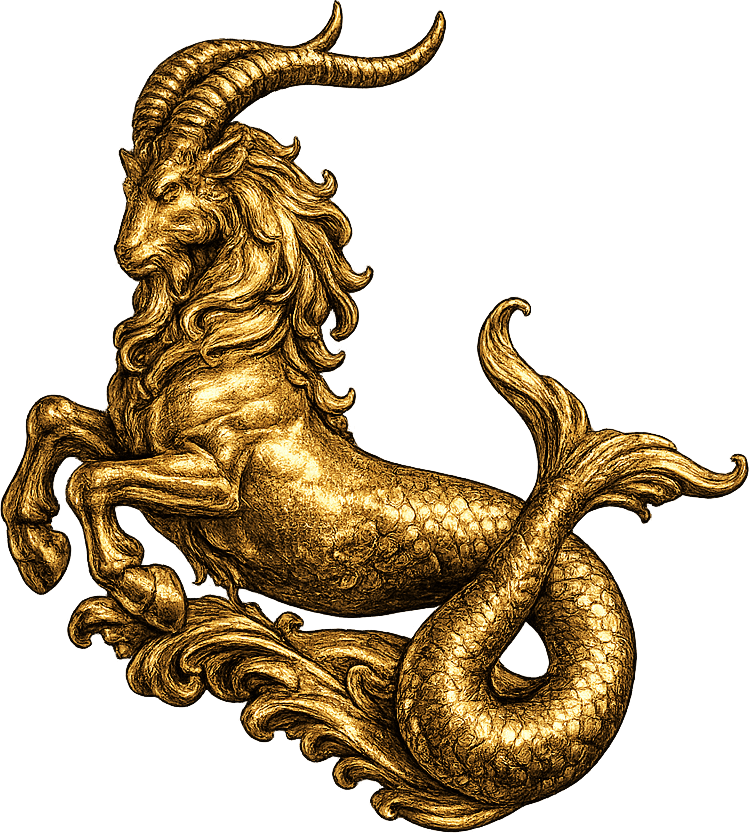 Capricorn — sculptural gold figure of the sign