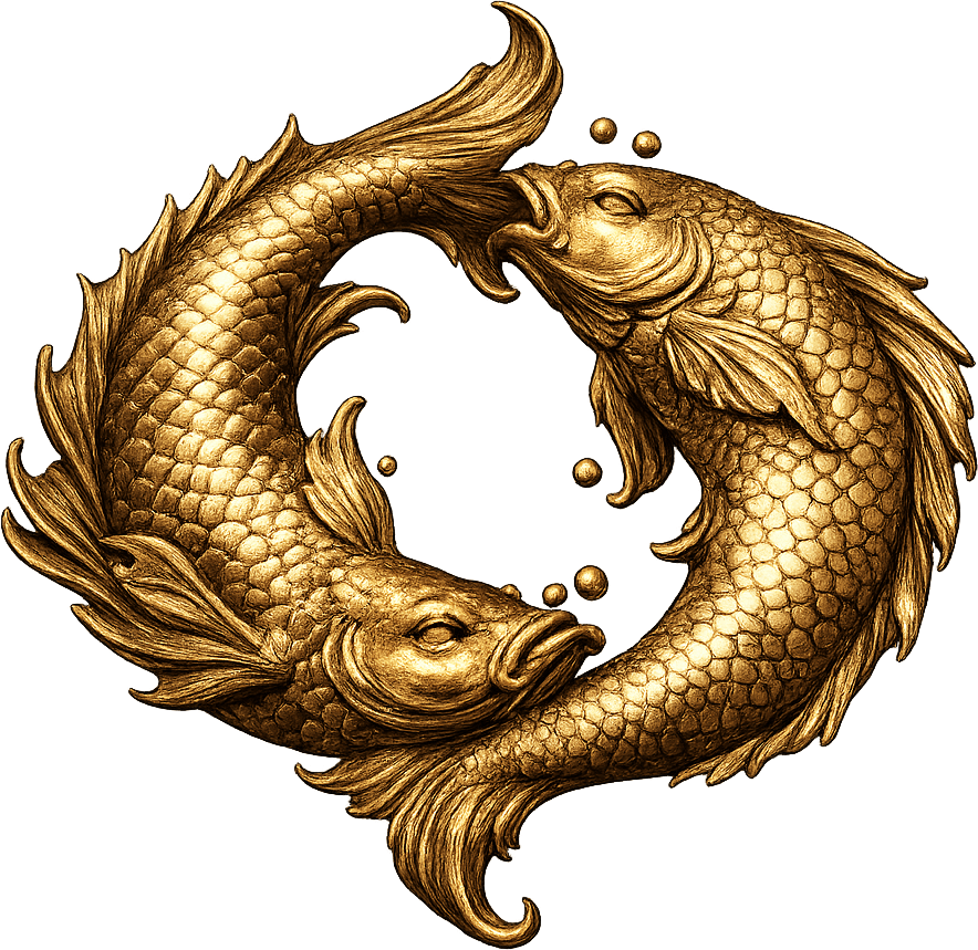 Pisces — sculptural gold figure of the sign