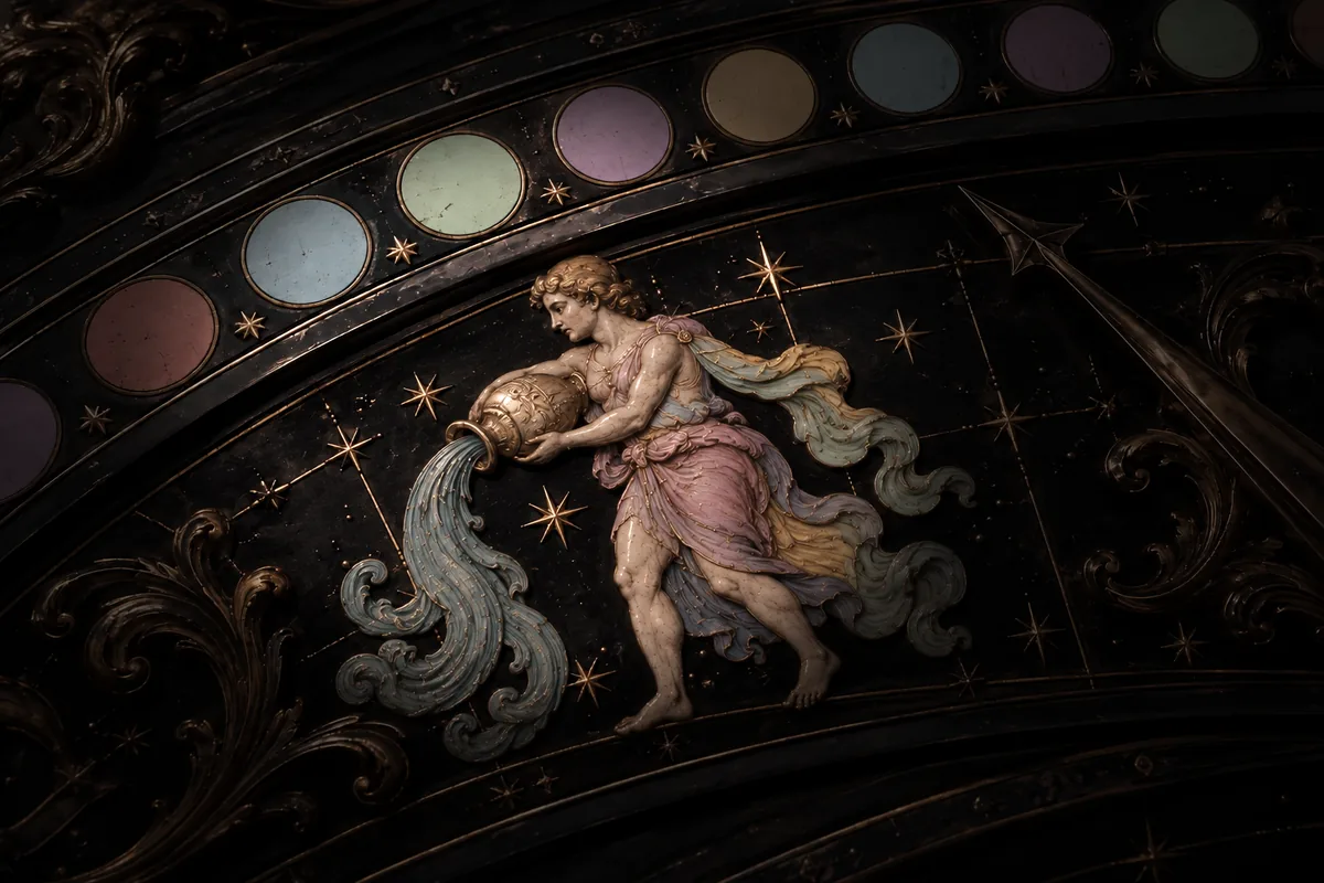 Illustrated water bearer pouring from an urn in side profile, standing on an ornate bronze and black zodiac dial