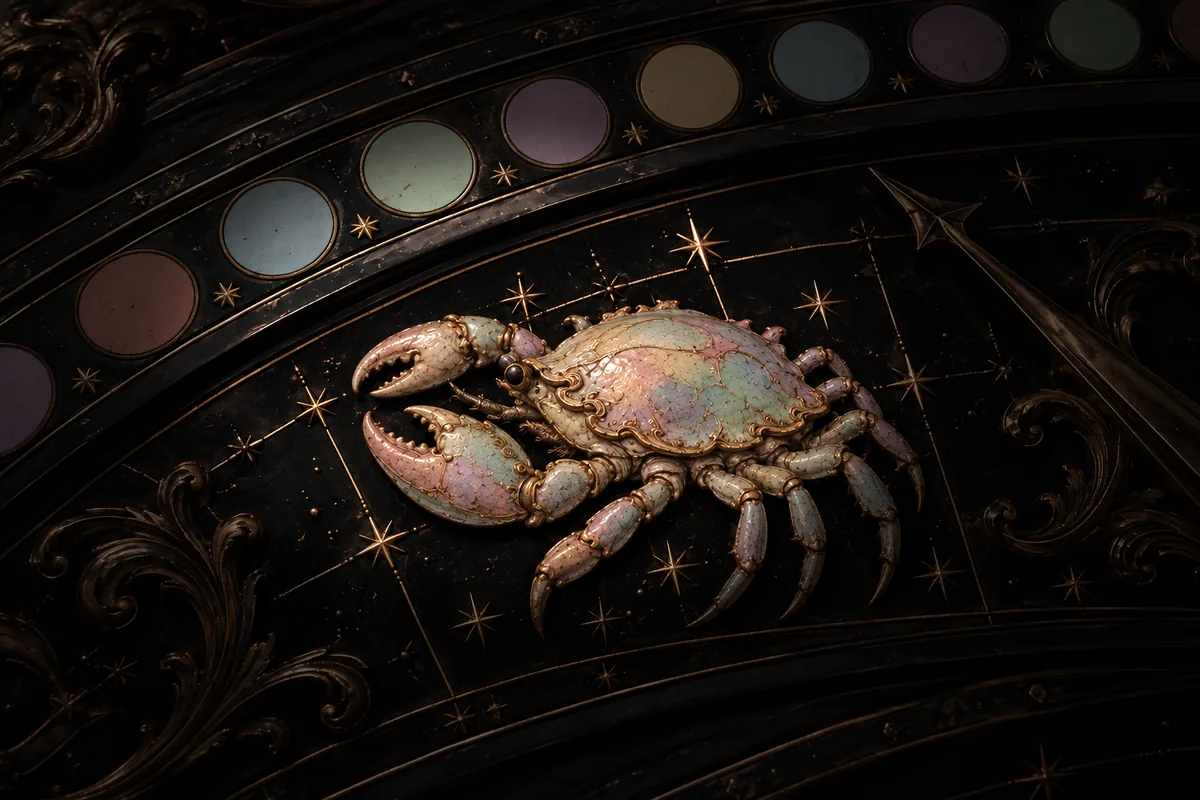 Illustrated crab in side profile, standing on an ornate bronze and black zodiac dial
