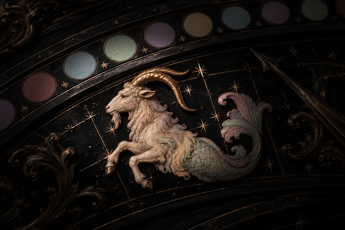 Illustrated sea-goat with a fish tail in side profile, standing on an ornate bronze and black zodiac dial