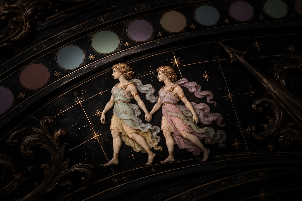 Illustrated twins walking hand in hand in side profile, standing on an ornate bronze and black zodiac dial