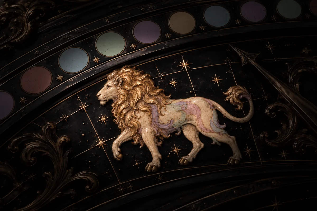 Illustrated lion with a golden mane in side profile, standing on an ornate bronze and black zodiac dial