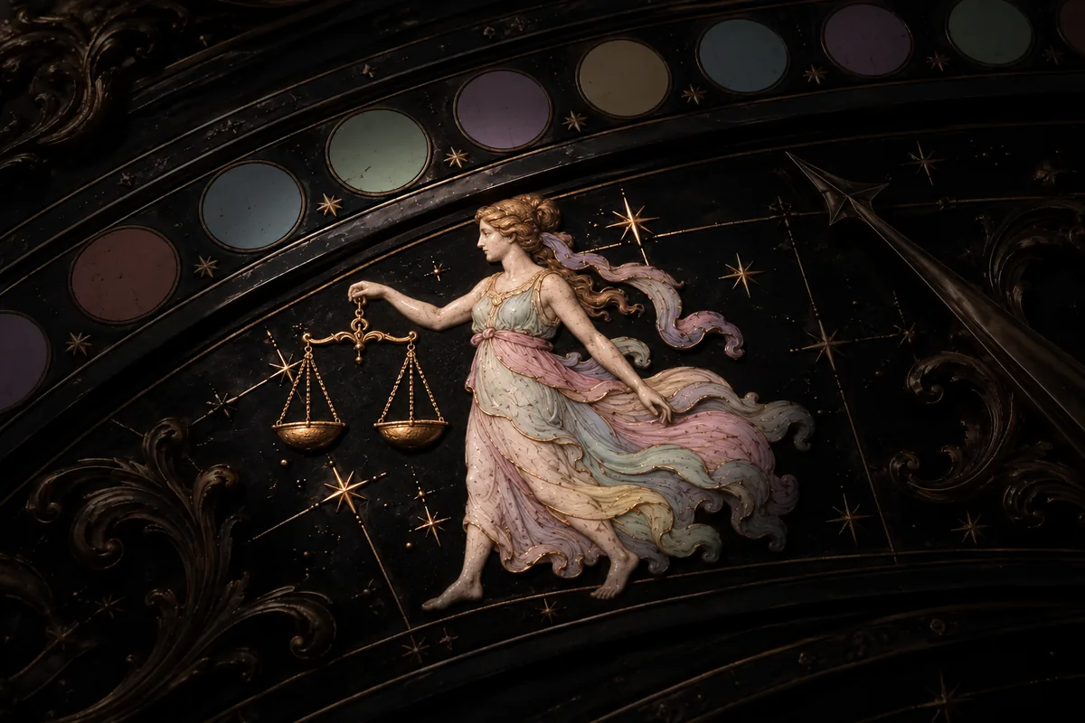 Illustrated woman holding balance scales in side profile, standing on an ornate bronze and black zodiac dial
