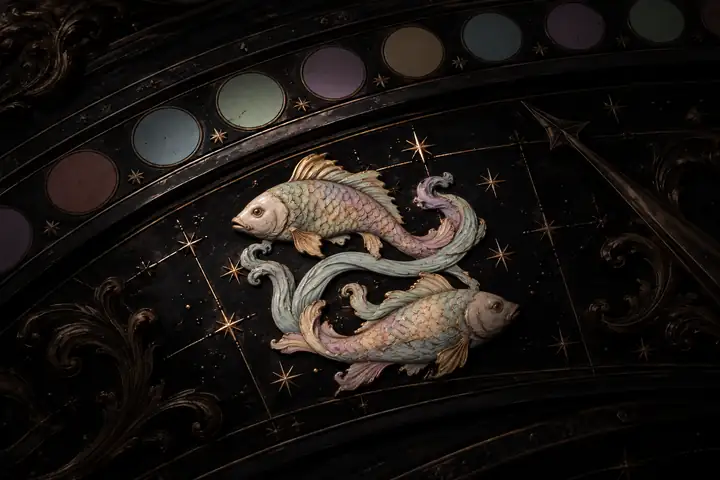 Illustrated pair of fish joined by a ribbon in side profile, standing on an ornate bronze and black zodiac dial