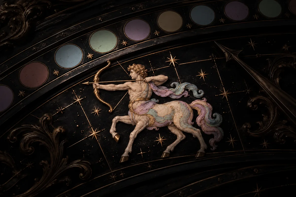 Illustrated centaur drawing a bow in side profile, standing on an ornate bronze and black zodiac dial