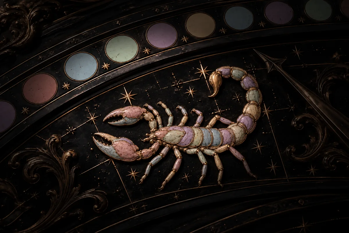 Illustrated scorpion with a raised tail in side profile, standing on an ornate bronze and black zodiac dial