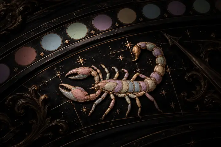 Illustrated scorpion with a raised tail in side profile, standing on an ornate bronze and black zodiac dial