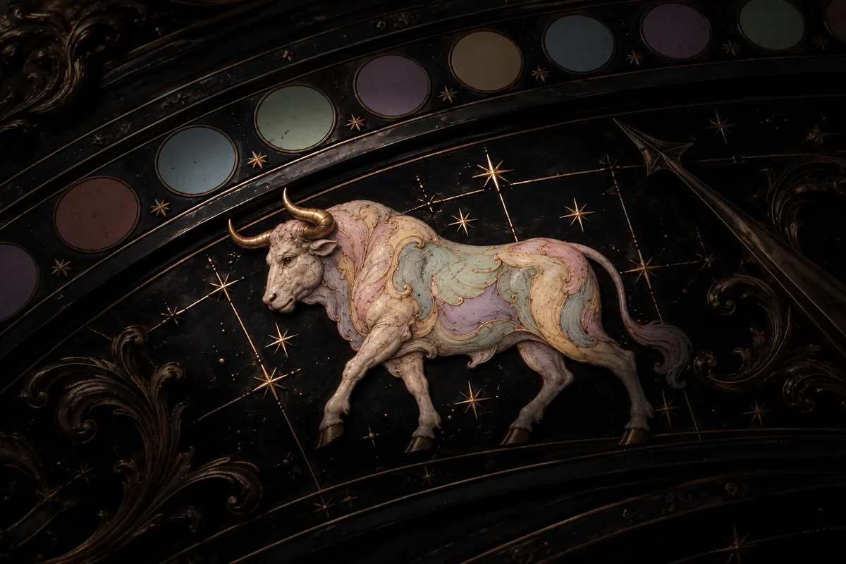 Illustrated bull with golden horns in side profile, standing on an ornate bronze and black zodiac dial