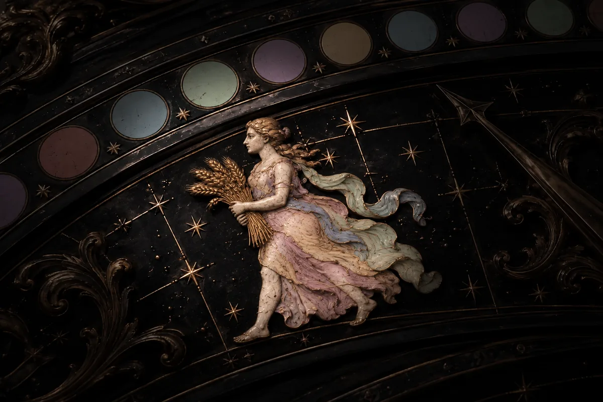 Illustrated maiden holding a sheaf of wheat in side profile, standing on an ornate bronze and black zodiac dial